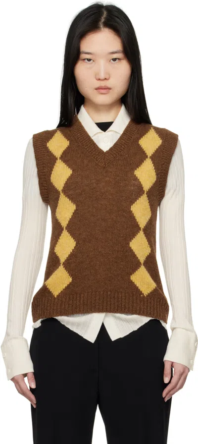 And-daughter Brown & Yellow Shetland Argyle Vest In Pecan/marzipan