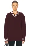 And-daughter Slouchy Cricket V-neck Cable Sweater In Burgundy & Ecru