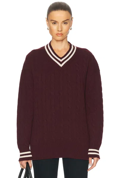 And-daughter Slouchy Cricket V-neck Cable Sweater In Burgundy & Ecru