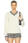 And-daughter Slouchy Cricket V-neck Cable Sweater In Ecru & Navy