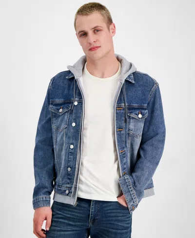 And Now This Men's Layered-look Full-zip Hooded Denim Utility Jacket, Created For Macy's In Medium Wash