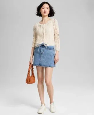 And Now This Now This Pointelle Cardigan Denim Mini Skirt In Ivory