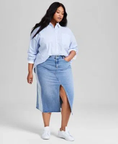 And Now This Now This Trendy Plus Size Cotton Button Front Shirt Two Toned Denim Skirt Exclusively At Macys In Coral Blush