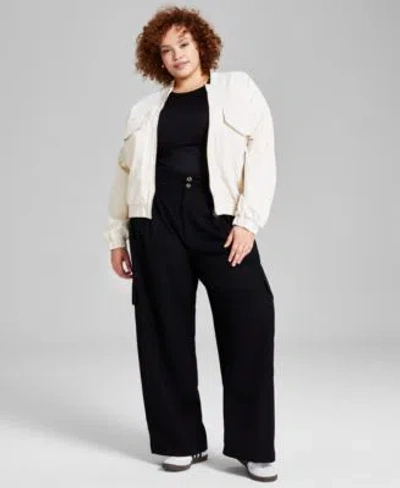 And Now This Now This Trendy Plus Size Long Sleeve Twill Jacket Second Skin Muscle T Shirt Wide Leg Pleated Cargo In Black