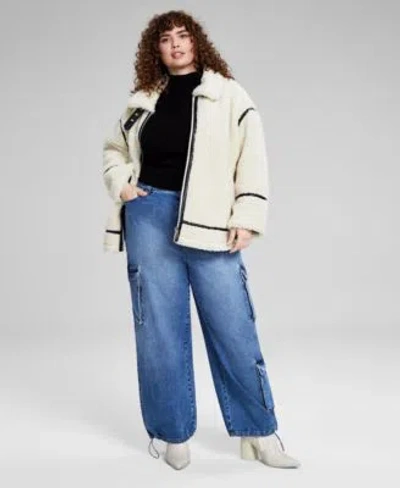 And Now This Now This Trendy Plus Size Sherpa Fleece Jacket Mock Neck Sweater Bungee Cuff Cargo Jeans Created For In Cream
