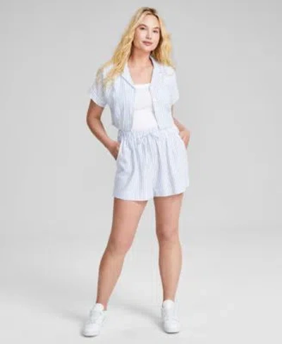 And Now This Now This Womens Button Front Linen Blend Shirt Driscoll Scoop Neck Tank Top High Rise Pull On Shorts In White