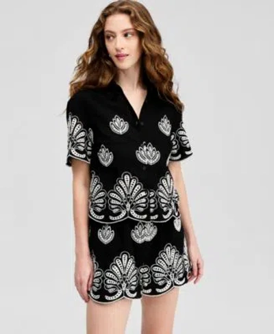 And Now This Now This Womens Cotton Embroidered Camp Shirt Macys Exclusive In Black