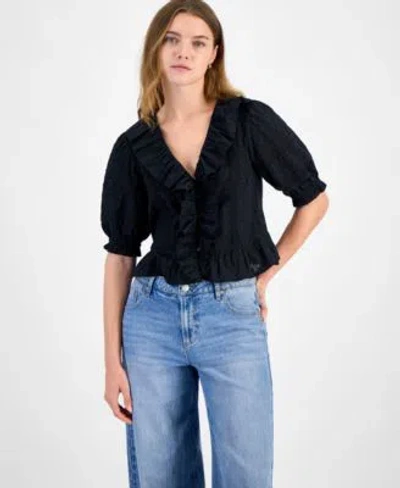 And Now This Now This Womens Cotton Ruffled Cropped Elbow Sleeve Blouse Exclusively At Macys In Black