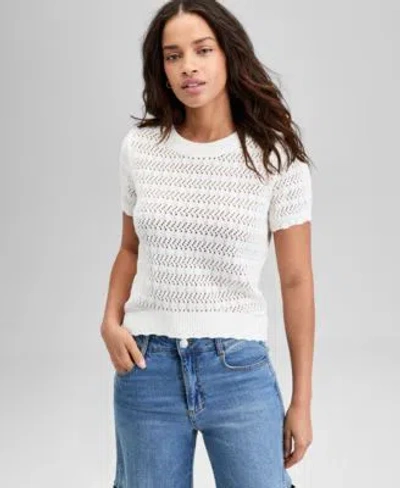 AND NOW THIS NOW THIS WOMENS CREWNECK POINTELLE SHORT SLEEVE SWEATER P XXS XXL EXCLUSIVELY AT MACYS