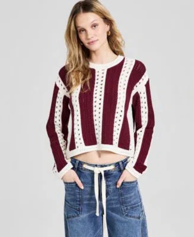 And Now This Now This Womens Crewneck Stripe Crochet Sweater Macys Exclusive In Burgundy