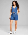 And Now This Now This Womens Denim Cropped Vest High Rise Denim Bermuda Shorts Created For Macys In Blue