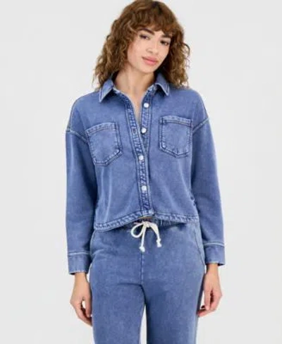 And Now This Now This Womens Faux Denim Knit Button Front Shacket Macys Exclusive In Blue