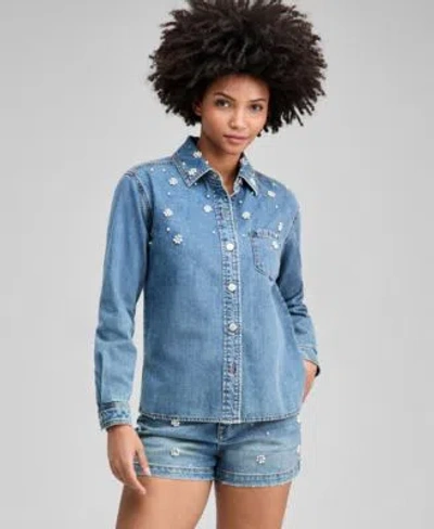 And Now This Now This Womens Faux Pearl Embellished Jean Shirt Faux Pearl Embellished Jean Shorts Macys Exclusive In Blue