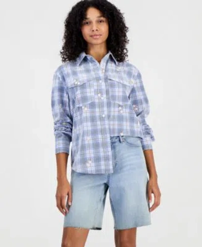 And Now This Now This Womens Plaid Long Sleeve Cord Embroidered Button Up Shirt Macys Exclusive In Blue