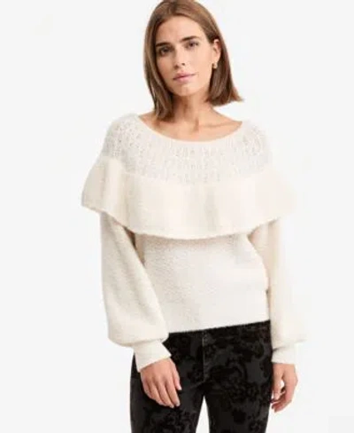 And Now This Now This Womens Pointelle Cape Ruffle Trim Sweater Macys Exclusive In White
