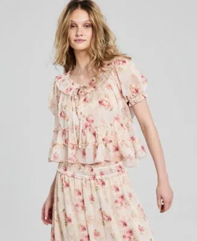 And Now This Now This Womens Ruffled Tie Neck Top Macys Exclusive In Pink Plaid