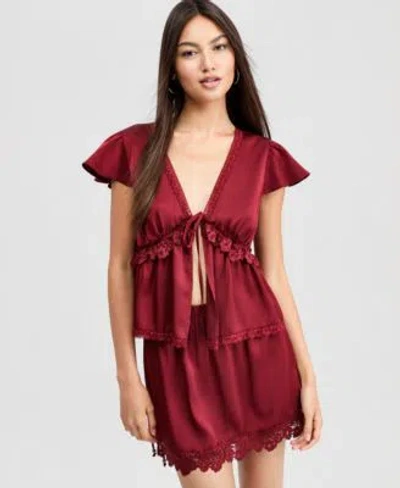 And Now This Now This Womens Satin Lace Peplum Hem Top Macys Exclusive In Burgundy