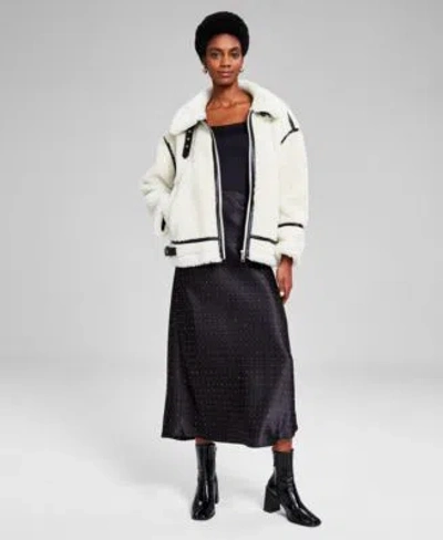 And Now This Now This Womens Sherpa Fleece Jacket Off The Shoulder Bodysuit Satin Sparkle Skirt Created For Macys In Cream