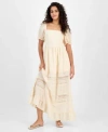 And Now This Now This Womens Square Neck Embroidered Maxi Dress P Xxs Xxl Macys Exclusive In Neutral