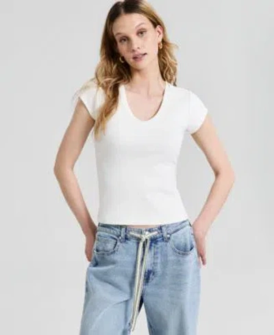 And Now This Now This Womens V Neck Rib Knit Short Sleeve T Shirt Macys Exclusive In Tan