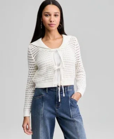 And Now This Now This Womens Wide Collar Tie Front Pointelle Cardigan Macys Exclusive In White