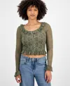 And Now This Petite Button-front Lace Ruffle Top, Macy's Exclusive In Green