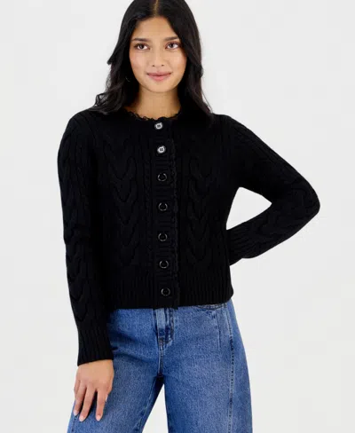 And Now This Petite Cable-knit Crewneck Cardigan, Macy's Exclusive In Black