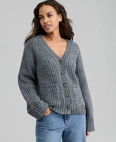 And Now This Petite Chunky V-neck Cardigan Sweater, Macy's Exclusive In Gray