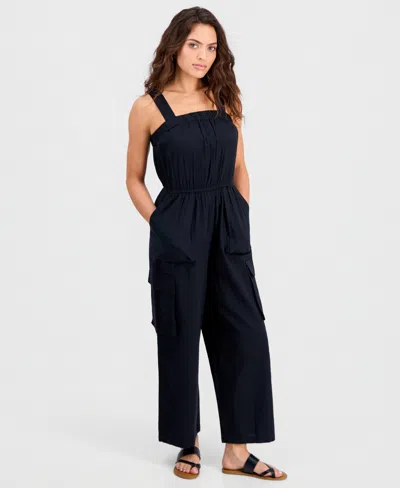 And Now This Petite Cotton Cargo Jumpsuit, Macy's Exclusive In Black