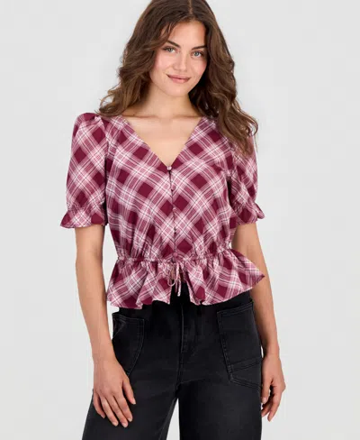 And Now This Petite Cotton Plaid Peplum Top, Macy's Exclusive In Pink