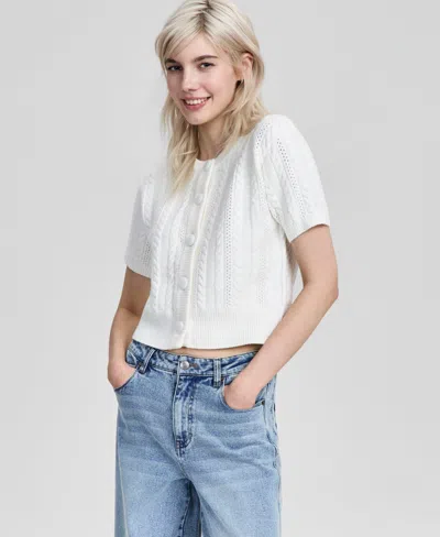 And Now This Petite Crewneck Short-sleeve Cardigan Sweater, Macy's Exclusive In Calla Lily