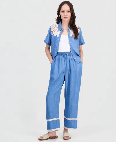 And Now This Petite Crochet-inset Chambray Drawstring Pants, Macy's Exclusive In Blue