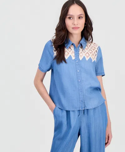 And Now This Petite Crochet-inset Chambray Short-sleeve Shirt, Macy's Exclusive In Blue
