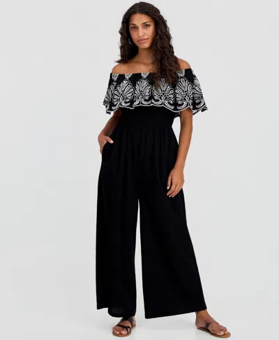 And Now This Petite Cutwork Off-the-shoulder Jumpsuit, Macy's Exclusive In Black
