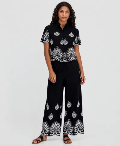 And Now This Petite Embroidered Cotton Wide Leg Pants, Macy's Exclusive In Black