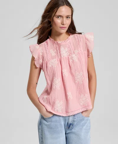 And Now This Petite Embroidered Flutter Sleeve Top, Macy's Exclusive In Melon