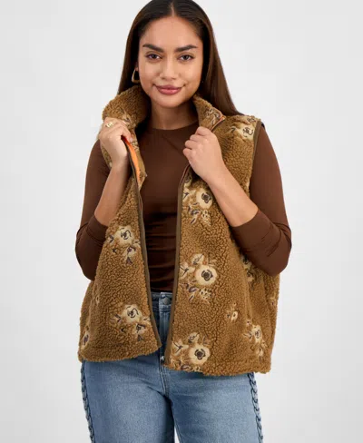 And Now This Petite Embroidered Sherpa Fleece Vest, Macy's Exclusive In Brown