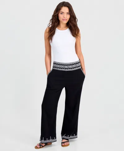 And Now This Petite Embroidered-trim Wide-leg Pants, Macy's Exclusive In Black