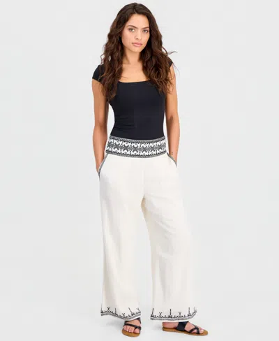 And Now This Petite Embroidered-trim Wide-leg Pants, Macy's Exclusive In White