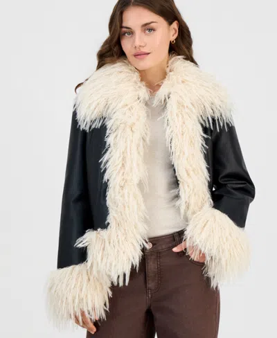 And Now This Petite Faux-fur Cropped Faux Leather Jacket, Macy's Exclusive In Multi