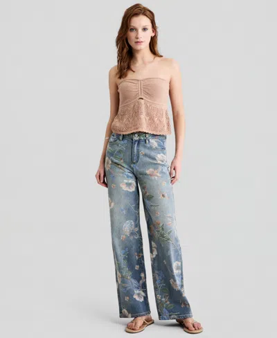 And Now This Petite Floral Painted Wide-leg Jeans, Macy's Exclusive In Blue