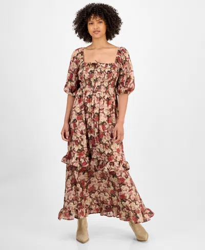 And Now This Petite Floral-print Puff-sleeve Maxi Dress, Macy's Exclusive In Brown