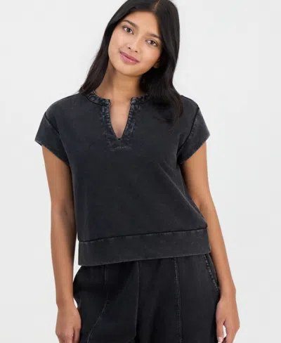 And Now This Petite French Terry Split-neck Cap-sleeve Top, Macy's Exclusive In Black