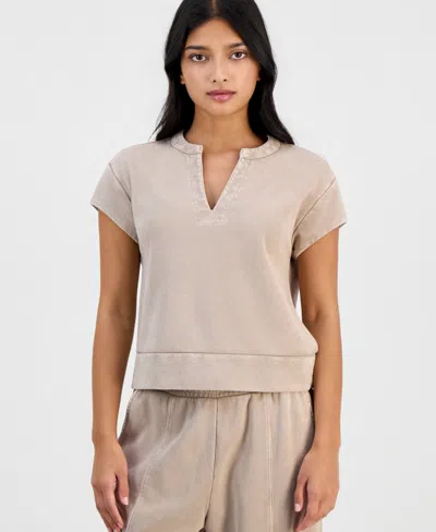 And Now This Petite French Terry Split-neck Cap-sleeve Top, Macy's Exclusive In Brown