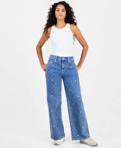 And Now This Petite High-waisted Wide-leg Embellished Jeans, Macy's Exclusive In Light Dilla