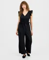 And Now This Petite Jacquard Smocked-waist Ruffle Jumpsuit, Macy's Exclusive In Black