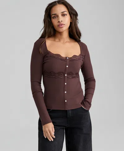 And Now This Petite Knit Lace-trim Henley Top, Macy's Exclusive In Burgundy