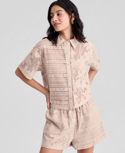 And Now This Petite Lace Short-sleeve Camp Shirt, Macy's Exclusive In Pink