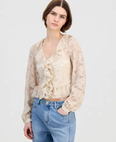 And Now This Petite Lace V-neck Ruffle Woven Top, Macy's Exclusive In Brown