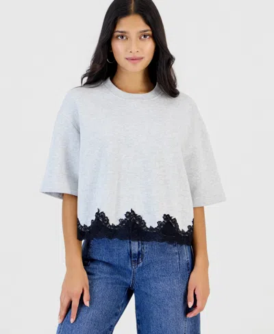 And Now This Petite Lace-trim Fleece Lounge Top, Macy's Exclusive In Gray